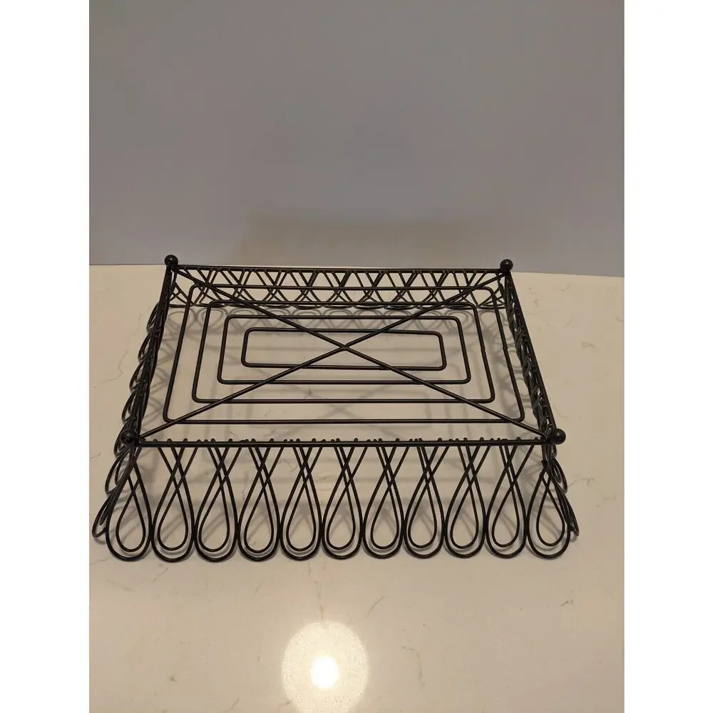 Metal Basket Black Wire Rectangle With Ball Feet Farmhouse English Cottage...